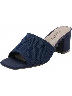 Women's Blue Knit Comfortable Square Open Toe Chunky Block Low Sandals Heels